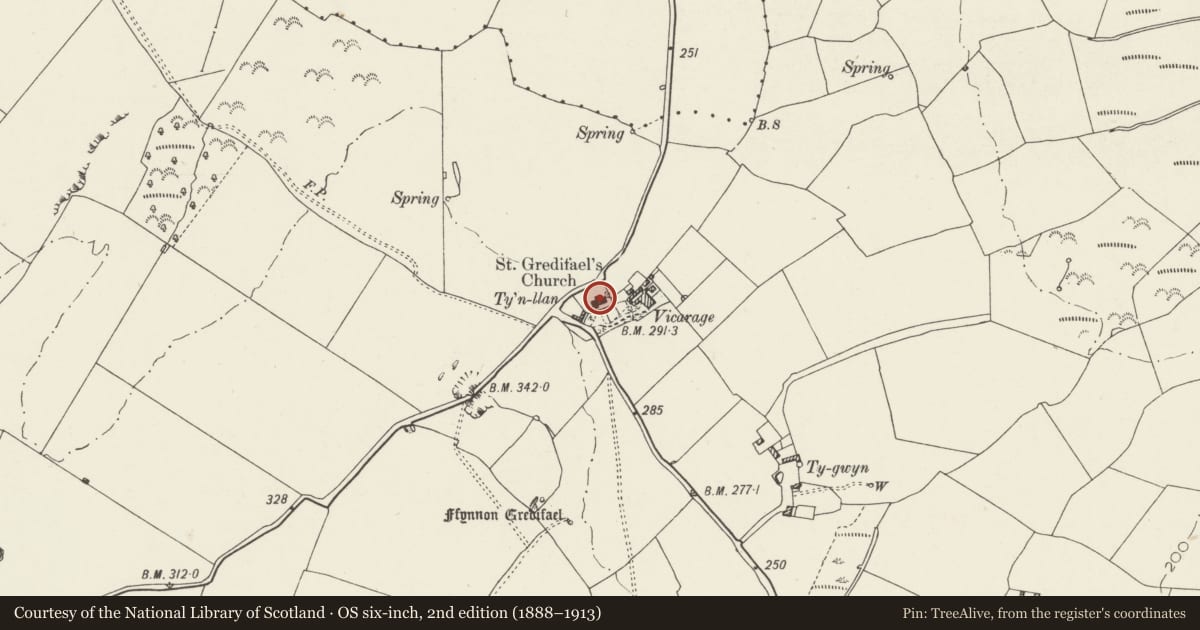 Ordnance Survey six-inch map, 2nd edition (1888–1913) covering the location of Church of St Gredifael, Penmynydd, Isle of Anglesey, with a pin at the register's coordinates
