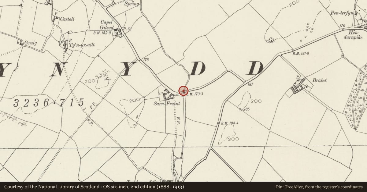 Ordnance Survey six-inch map, 2nd edition (1888–1913) covering the location of Bridge over the Afon Braint, Penmynydd, Isle of Anglesey, with a pin at the register's coordinates