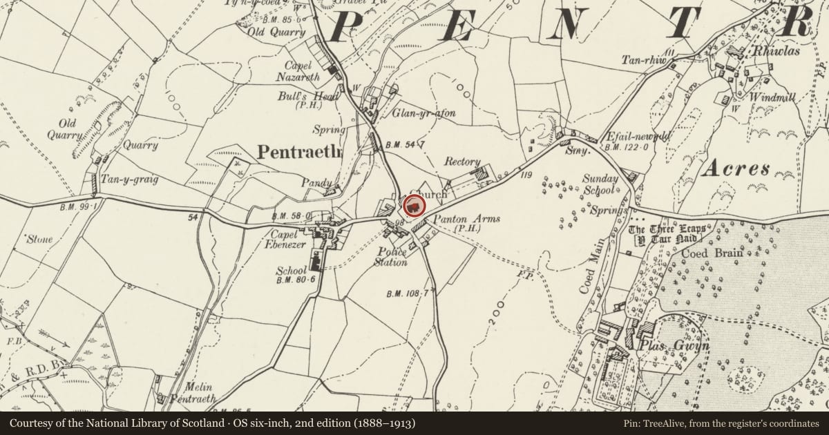 Ordnance Survey six-inch map, 2nd edition (1888–1913) covering the location of Church of St Mary, Pentraeth, Isle of Anglesey, with a pin at the register's coordinates