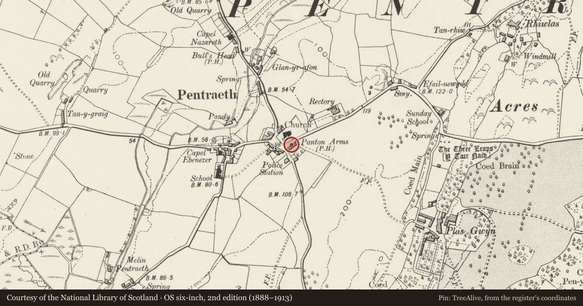 Ordnance Survey six-inch map, 2nd edition (1888–1913) covering the location of Panton Arms Hotel, Pentraeth, Isle of Anglesey, with a pin at the register's coordinates