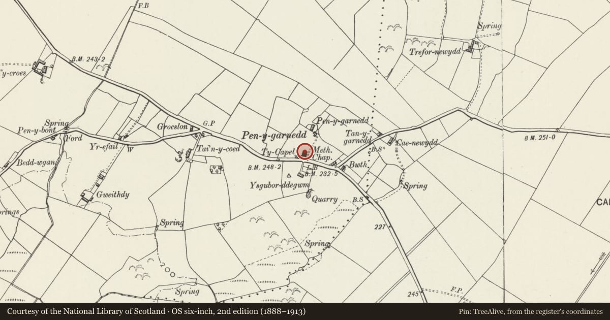 Ordnance Survey six-inch map, 2nd edition (1888–1913) covering the location of Pen-y-Garnedd Calvinistic Methodist Chapel, Pentraeth, Isle of Anglesey, with a pin at the register's coordinates