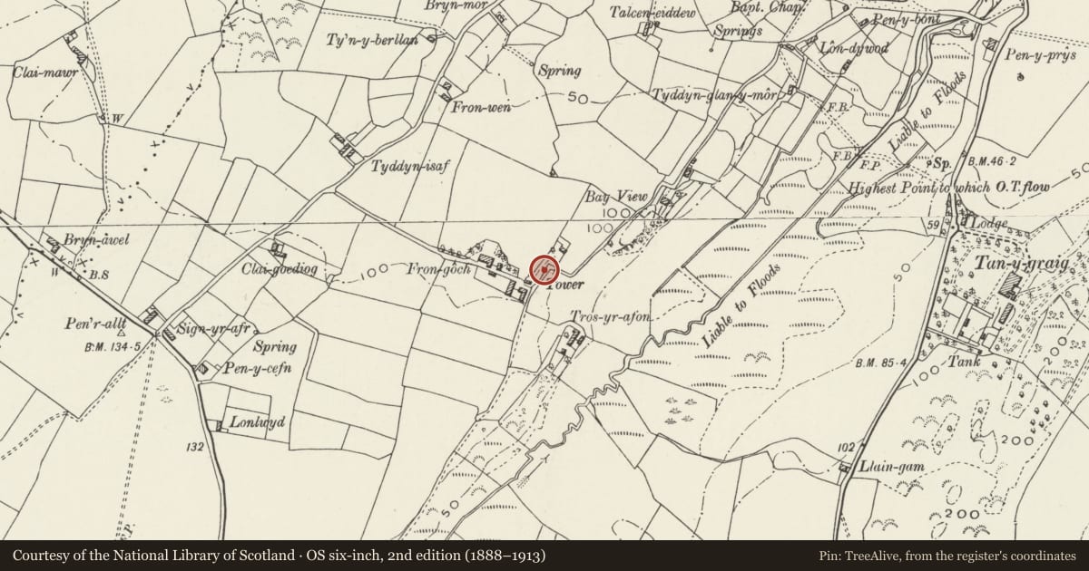 Ordnance Survey six-inch map, 2nd edition (1888–1913) covering the location of Tower at Red Wharf Bay, Pentraeth, Isle of Anglesey, with a pin at the register's coordinates
