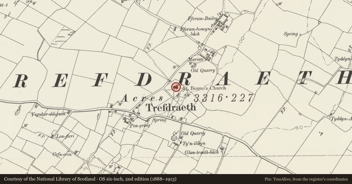 Ordnance Survey six-inch map, 2nd edition (1888–1913) covering the location of Church of St. Beuno (Eglwys Beuno Sant), Bodorgan, Isle of Anglesey, with a pin at the register's coordinates