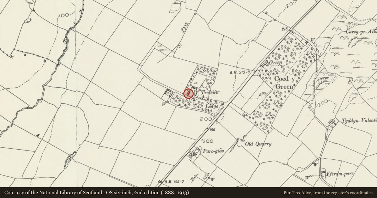 Ordnance Survey six-inch map, 2nd edition (1888–1913) covering the location of Stables to West of Trefeilir, Bodorgan, Isle of Anglesey, with a pin at the register's coordinates