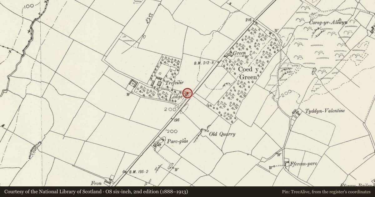 Ordnance Survey six-inch map, 2nd edition (1888–1913) covering the location of Gate piers and walls to east of Trefeilir, Bodorgan, Isle of Anglesey, with a pin at the register's coordinates