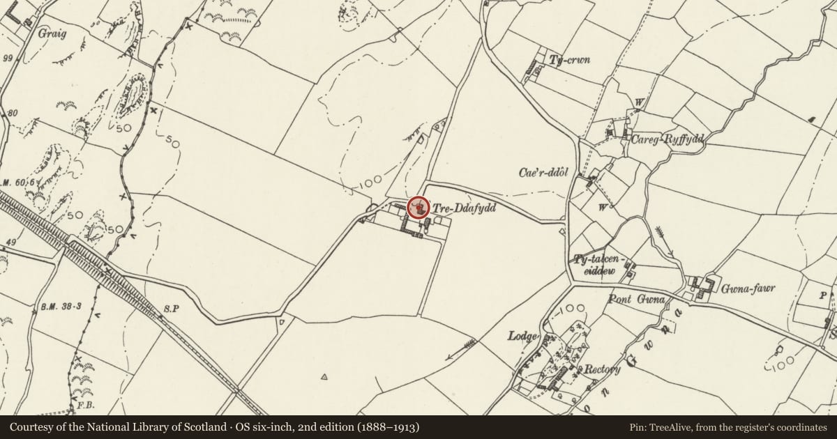 Ordnance Survey six-inch map, 2nd edition (1888–1913) covering the location of Stables to NW of Tre-Ddafydd-uchaf also known as Treddafydd-fawr, Bodorgan, Isle of Anglesey, with a pin at the register's coordinates