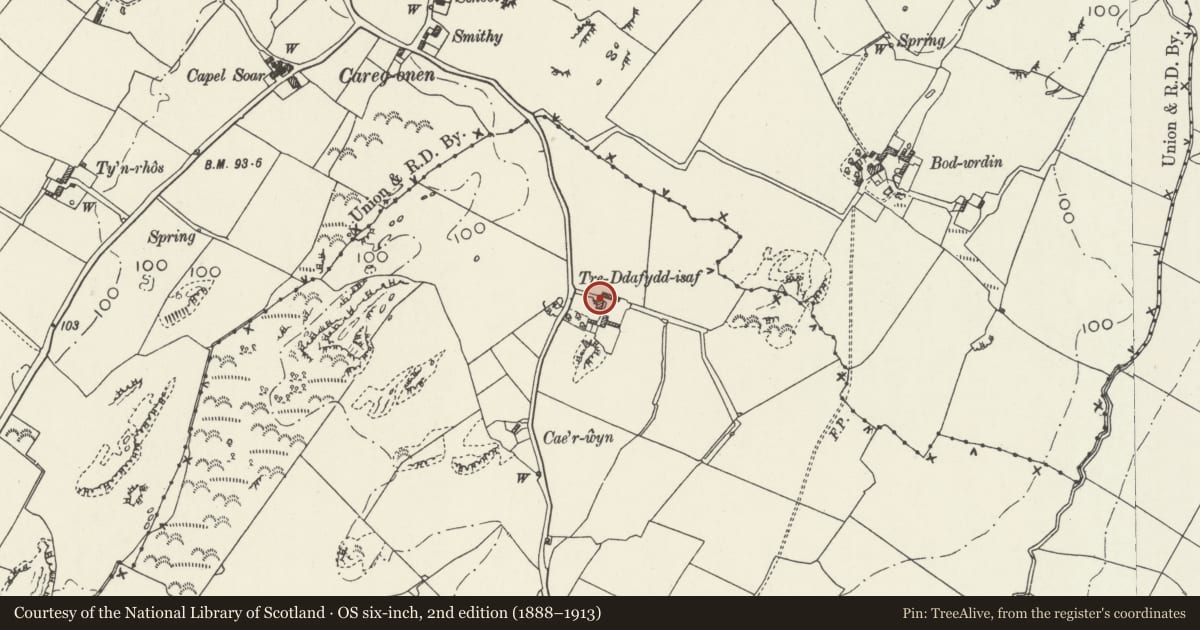 Ordnance Survey six-inch map, 2nd edition (1888–1913) covering the location of Treddafydd Isaf, Bodorgan, Isle of Anglesey, with a pin at the register's coordinates