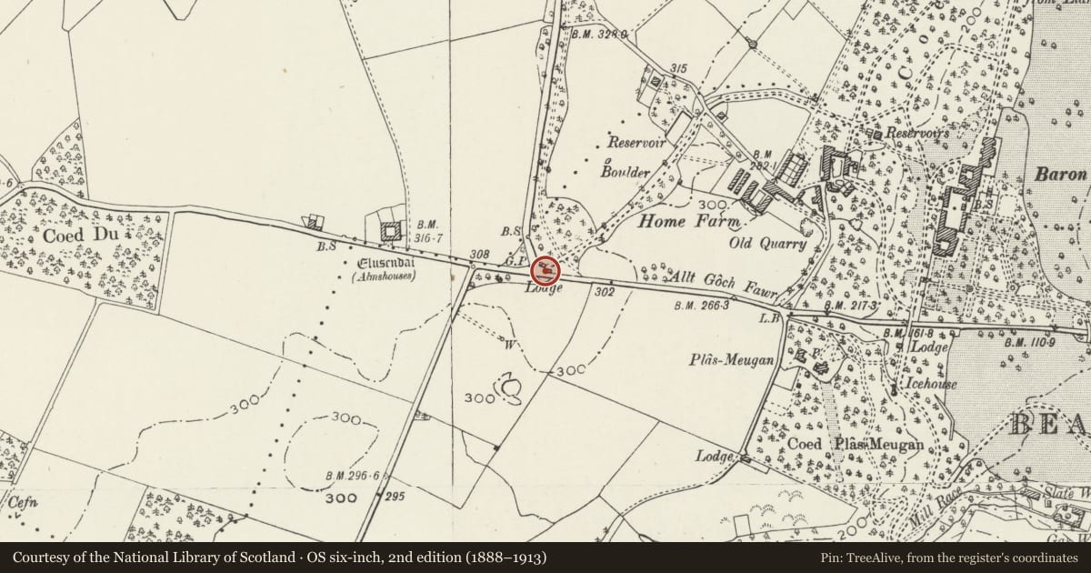 Ordnance Survey six-inch map, 2nd edition (1888–1913) covering the location of Turret Lodge (pair of lodges), Beaumaris, Isle of Anglesey, with a pin at the register's coordinates