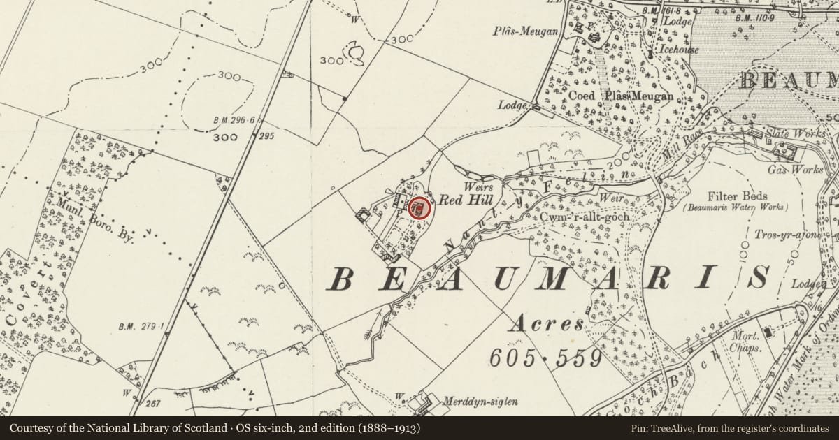Ordnance Survey six-inch map, 2nd edition (1888–1913) covering the location of Red Hill, Beaumaris, Isle of Anglesey, with a pin at the register's coordinates