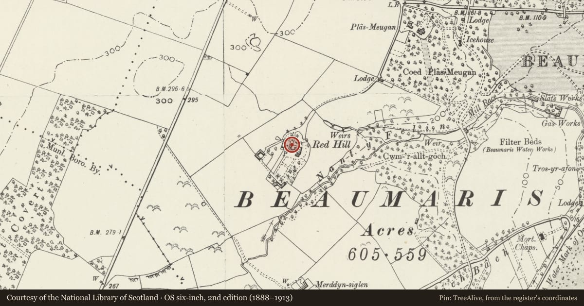 Ordnance Survey six-inch map, 2nd edition (1888–1913) covering the location of Gateway to rear yard at Red Hill, Beaumaris, Isle of Anglesey, with a pin at the register's coordinates