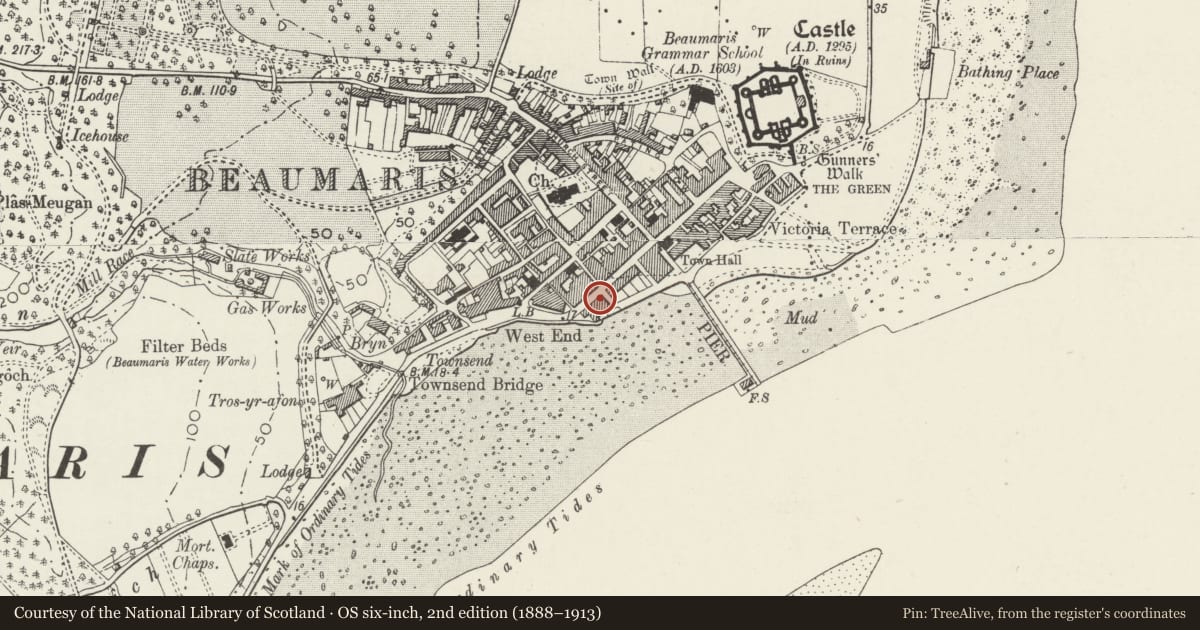 Ordnance Survey six-inch map, 2nd edition (1888–1913) covering the location of 1 Alma Street, Beaumaris, Isle of Anglesey, with a pin at the register's coordinates