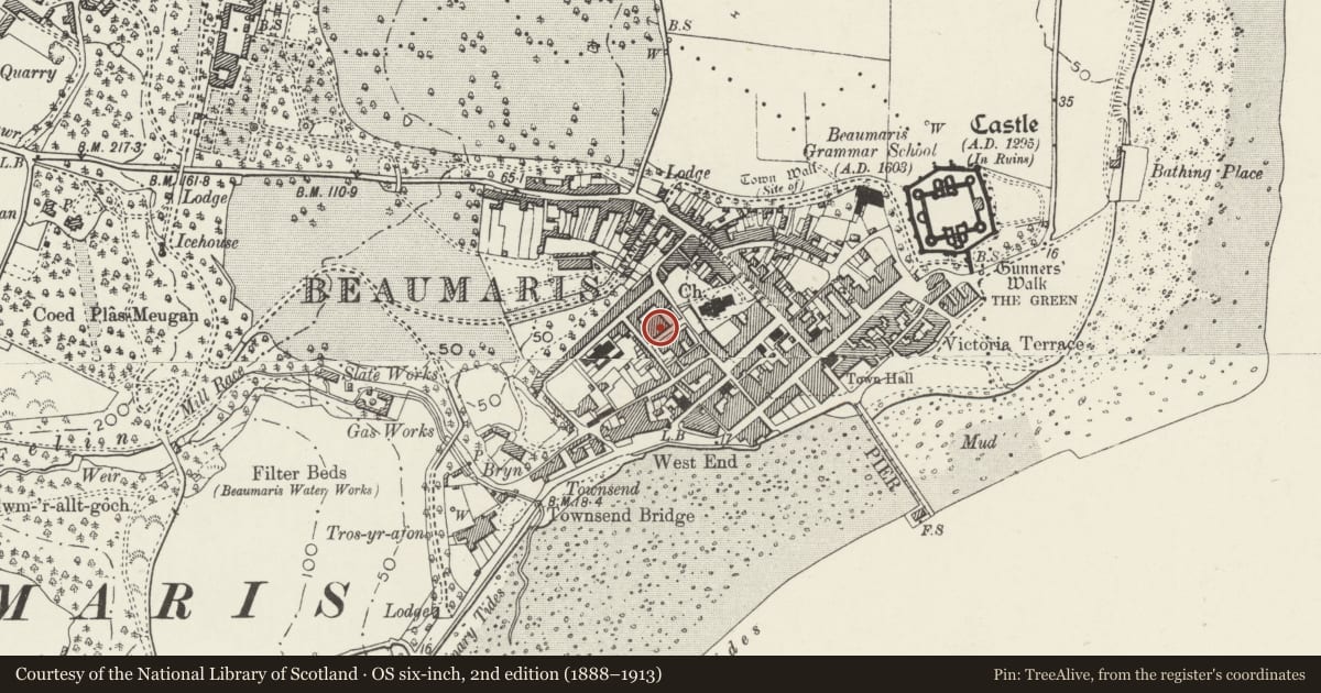 Ordnance Survey six-inch map, 2nd edition (1888–1913) covering the location of 2 Bunkers Hill, Beaumaris, Isle of Anglesey, with a pin at the register's coordinates