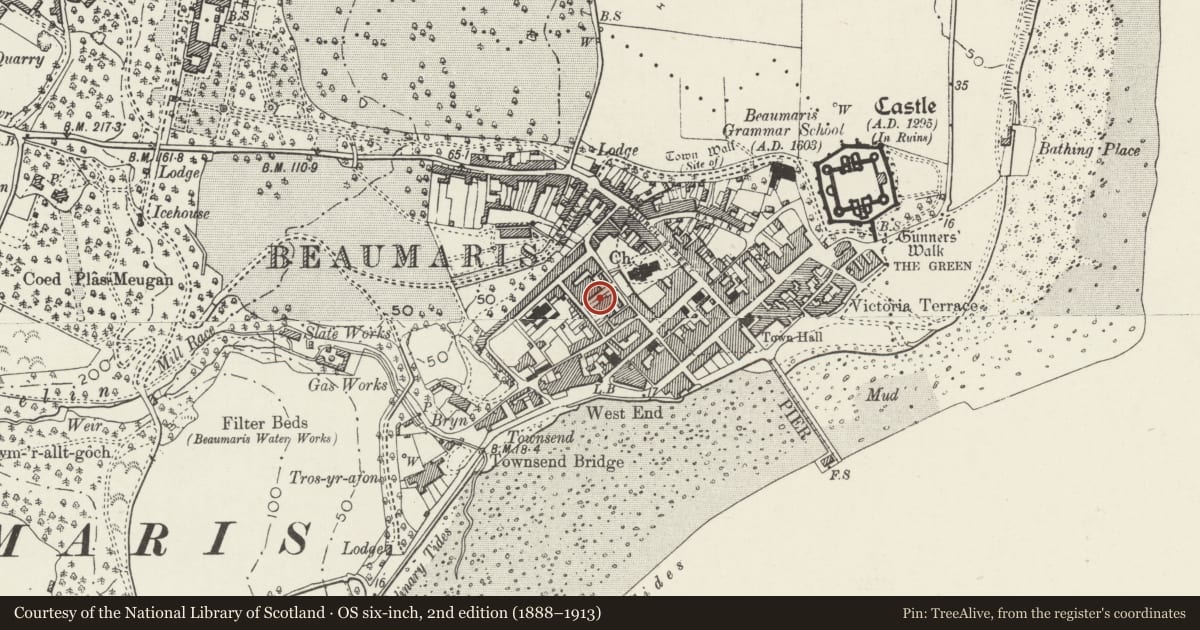 Ordnance Survey six-inch map, 2nd edition (1888–1913) covering the location of Perimeter walls of Beaumaris Gaol, Isle of Anglesey, with a pin at the register's coordinates