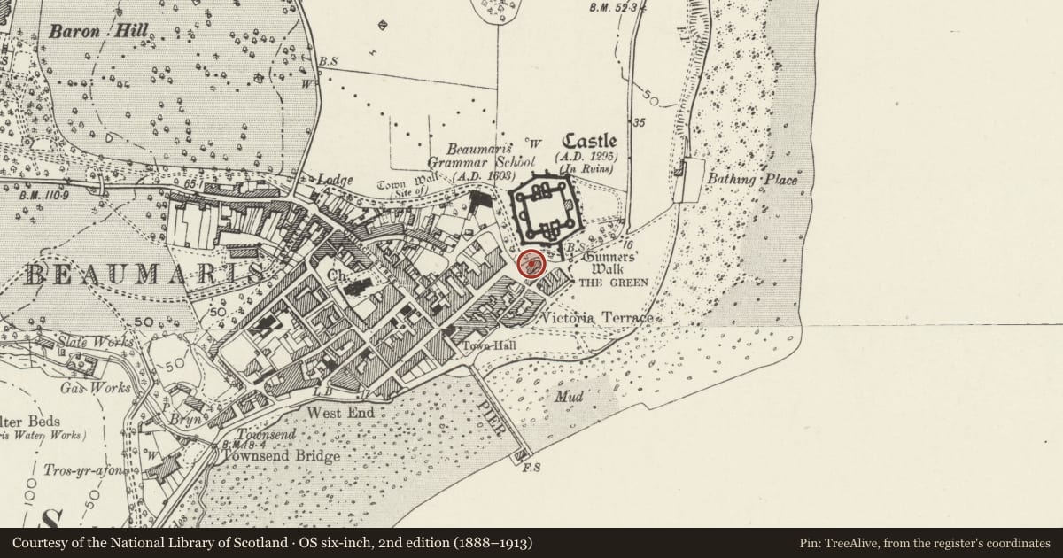 Ordnance Survey six-inch map, 2nd edition (1888–1913) covering the location of Beaumaris Courthouse, Isle of Anglesey, with a pin at the register's coordinates