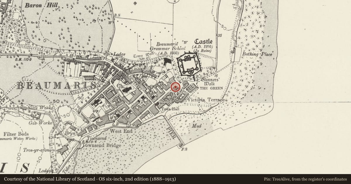 Ordnance Survey six-inch map, 2nd edition (1888–1913) covering the location of Museum of Childhood, Beaumaris, Isle of Anglesey, with a pin at the register's coordinates