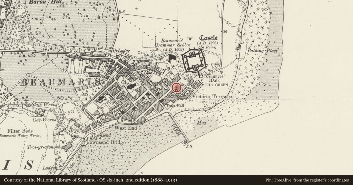 Ordnance Survey six-inch map, 2nd edition (1888–1913) covering the location of House and Castle Bakery, Beaumaris, Isle of Anglesey, with a pin at the register's coordinates