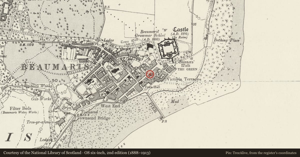 Ordnance Survey six-inch map, 2nd edition (1888–1913) covering the location of House and Spar Shop, Beaumaris, Isle of Anglesey, with a pin at the register's coordinates