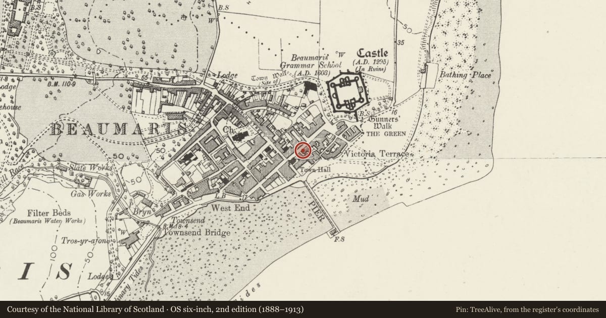 Ordnance Survey six-inch map, 2nd edition (1888–1913) covering the location of House and Shaws Off Licence, Beaumaris, Isle of Anglesey, with a pin at the register's coordinates