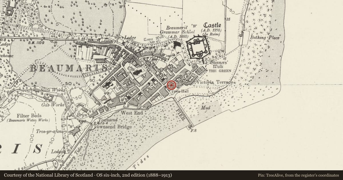 Ordnance Survey six-inch map, 2nd edition (1888–1913) covering the location of The Bulkeley Hotel including screen wall to lefthand courtyard, Beaumaris, Isle of Anglesey, with a pin at the register's coordinates