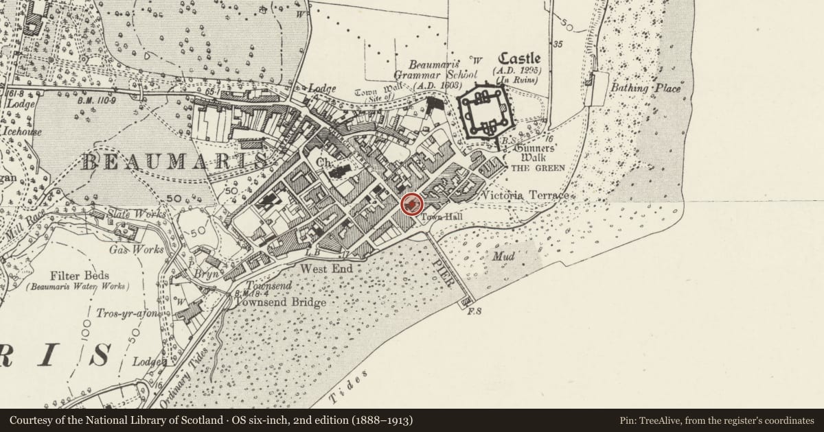 Ordnance Survey six-inch map, 2nd edition (1888–1913) covering the location of Town Hall, Beaumaris, Isle of Anglesey, with a pin at the register's coordinates
