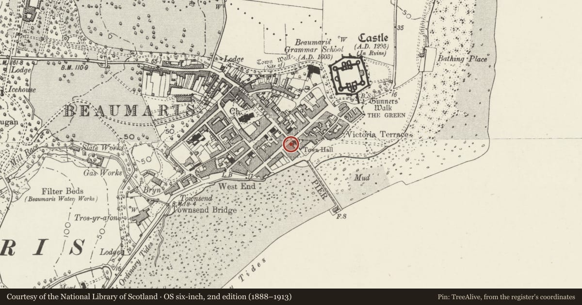 Ordnance Survey six-inch map, 2nd edition (1888–1913) covering the location of Neptune Cafe Bar and Takeaway, Beaumaris, Isle of Anglesey, with a pin at the register's coordinates