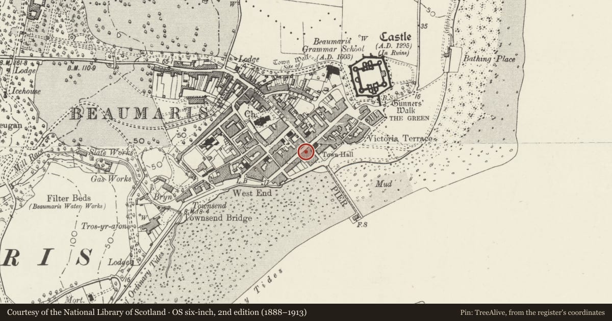 Ordnance Survey six-inch map, 2nd edition (1888–1913) covering the location of House and Fruit-n-Flowers, Beaumaris, Isle of Anglesey, with a pin at the register's coordinates
