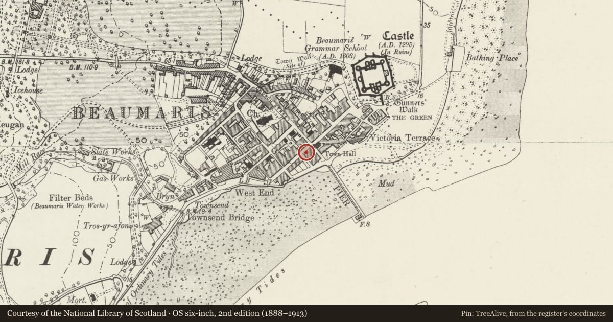 Ordnance Survey six-inch map, 2nd edition (1888–1913) covering the location of House and La Tienda, Beaumaris, Isle of Anglesey, with a pin at the register's coordinates
