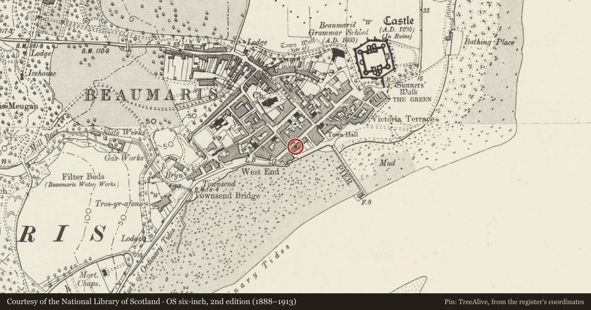 Ordnance Survey six-inch map, 2nd edition (1888–1913) covering the location of P Alton Murphy Opticians, 3 Bulkeley Terrace, Beaumaris, Isle of Anglesey, with a pin at the register's coordinates