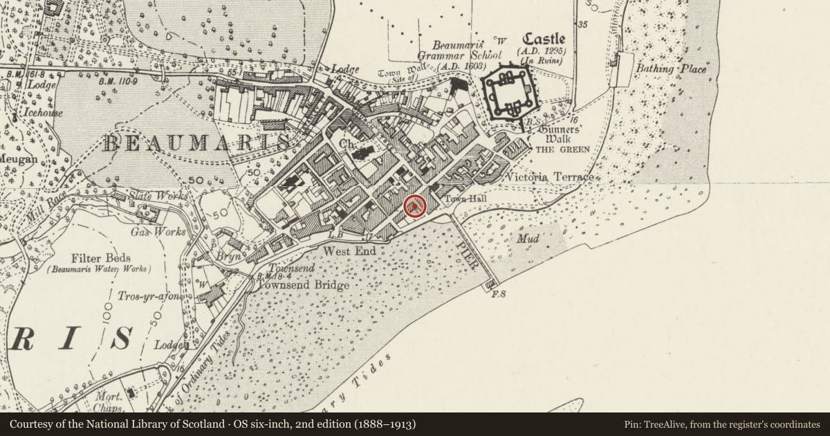 Ordnance Survey six-inch map, 2nd edition (1888–1913) covering the location of Raglan House, Beaumaris, Isle of Anglesey, with a pin at the register's coordinates