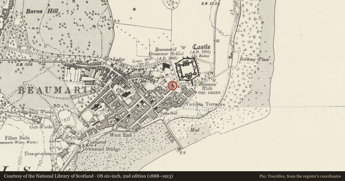 Ordnance Survey six-inch map, 2nd edition (1888–1913) covering the location of House and Spinning Wheel Tea Rooms, Beaumaris, Isle of Anglesey, with a pin at the register's coordinates