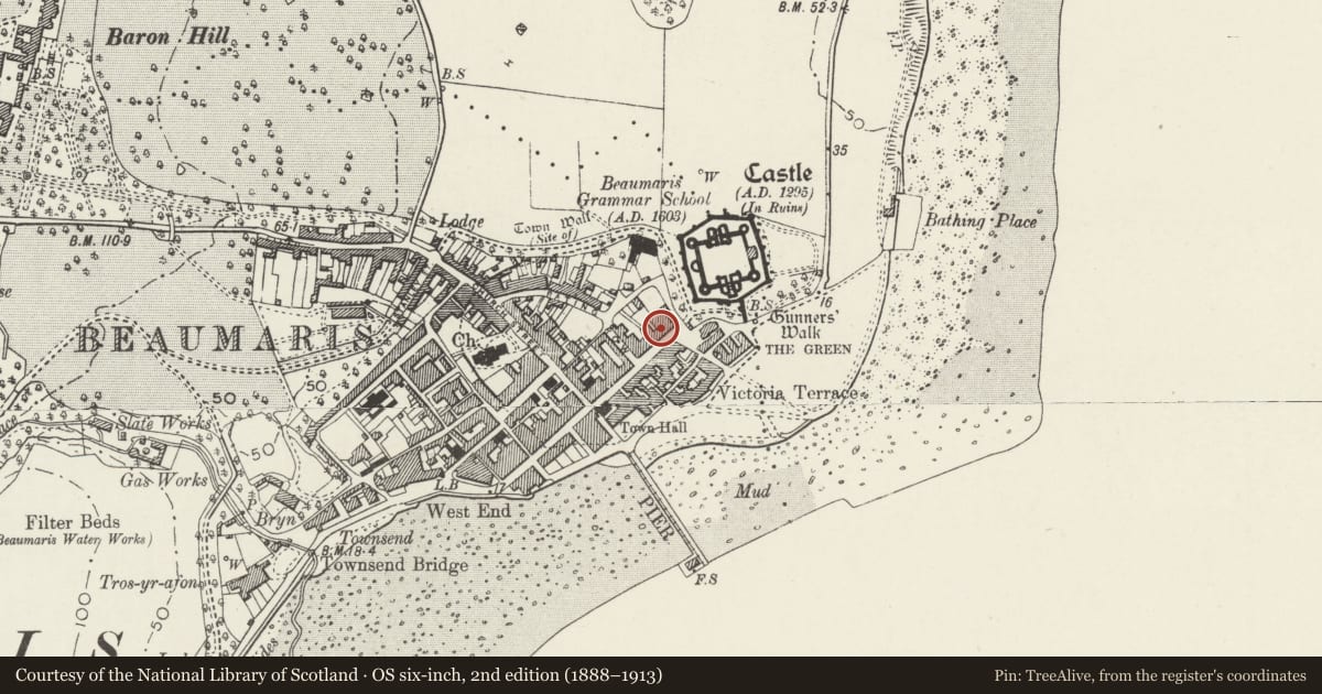 Ordnance Survey six-inch map, 2nd edition (1888–1913) covering the location of House and Bagitall, Beaumaris, Isle of Anglesey, with a pin at the register's coordinates