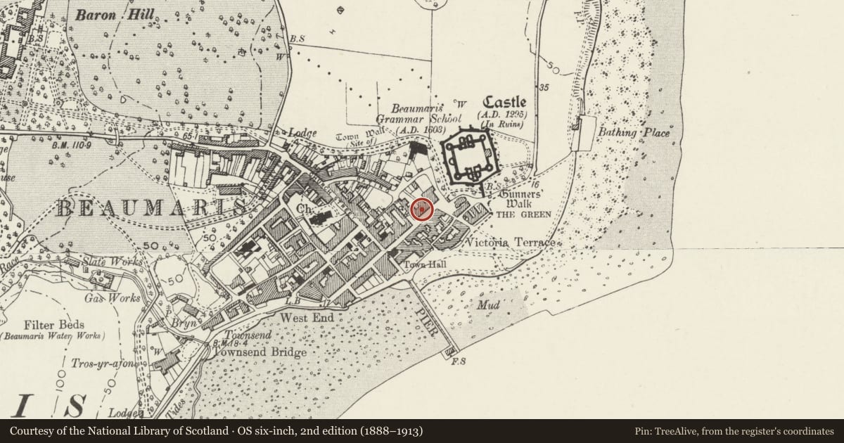 Ordnance Survey six-inch map, 2nd edition (1888–1913) covering the location of House and Wishing Well, Beaumaris, Isle of Anglesey, with a pin at the register's coordinates