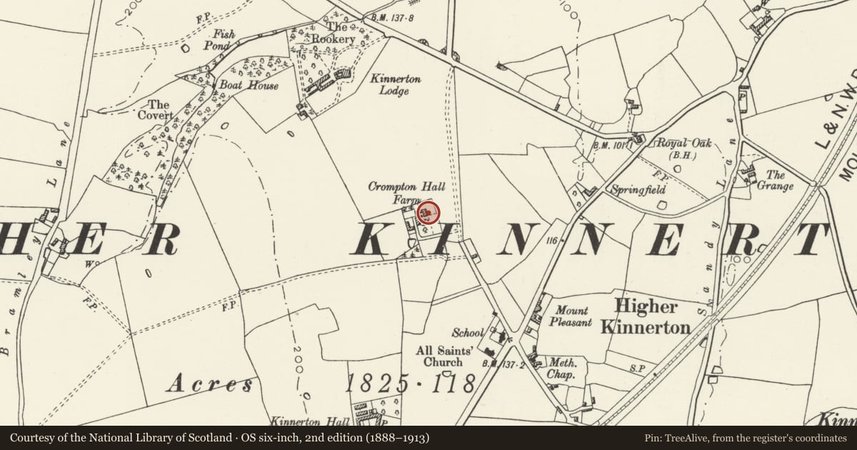 Ordnance Survey six-inch map, 2nd edition (1888–1913) covering the location of Crompton Hall, Higher Kinnerton, Flintshire, with a pin at the register's coordinates