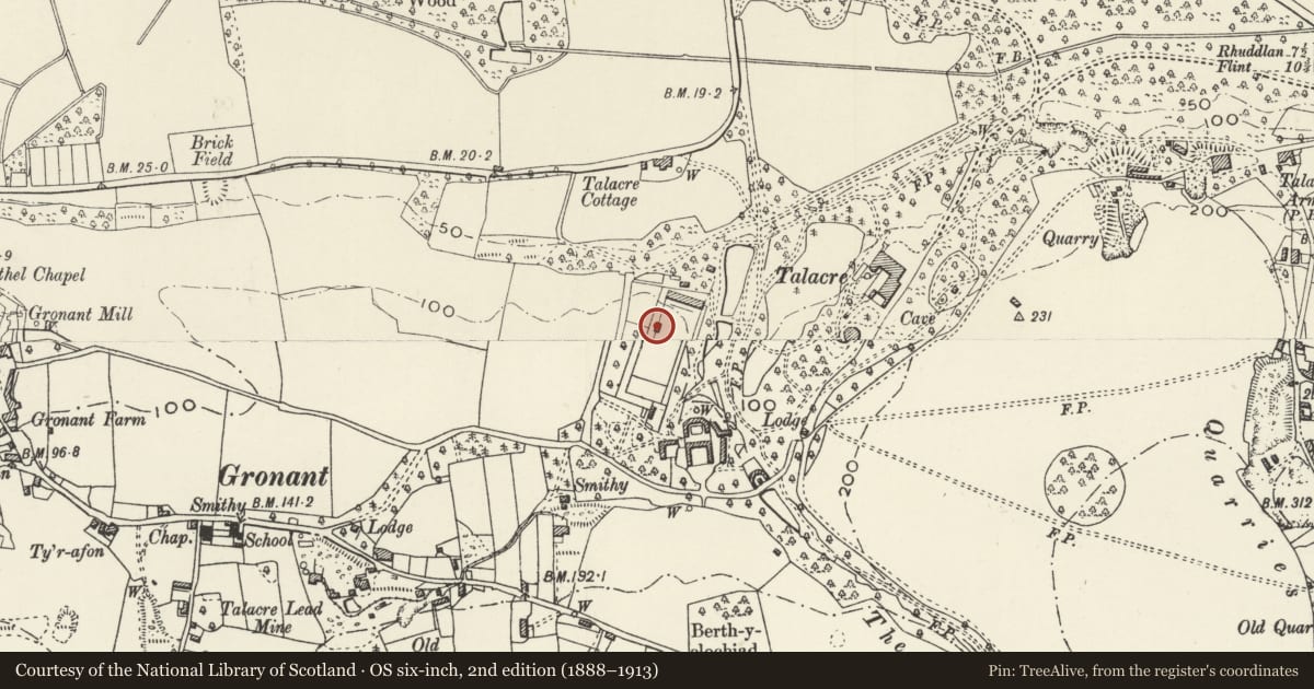 Ordnance Survey six-inch map, 2nd edition (1888–1913) covering the location of Banqueting House in Walled Garden at Talacre Abbey, Llanasa, Flintshire, with a pin at the register's coordinates