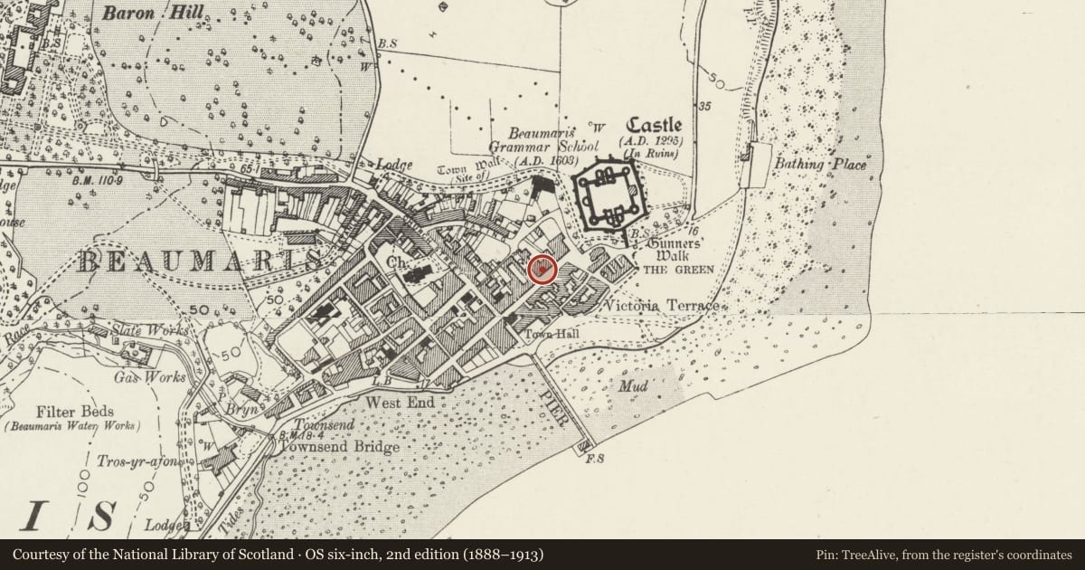 Ordnance Survey six-inch map, 2nd edition (1888–1913) covering the location of Restaurant, including attached rear range (Thai Decor), Beaumaris, Isle of Anglesey, with a pin at the register's coordinates