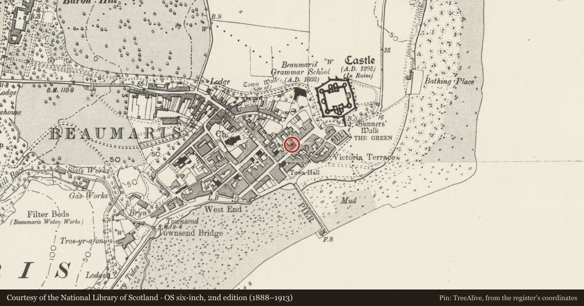 Ordnance Survey six-inch map, 2nd edition (1888–1913) covering the location of Ye Olde Bull's Head Inn including attached rear range, Beaumaris, Isle of Anglesey, with a pin at the register's coordinates