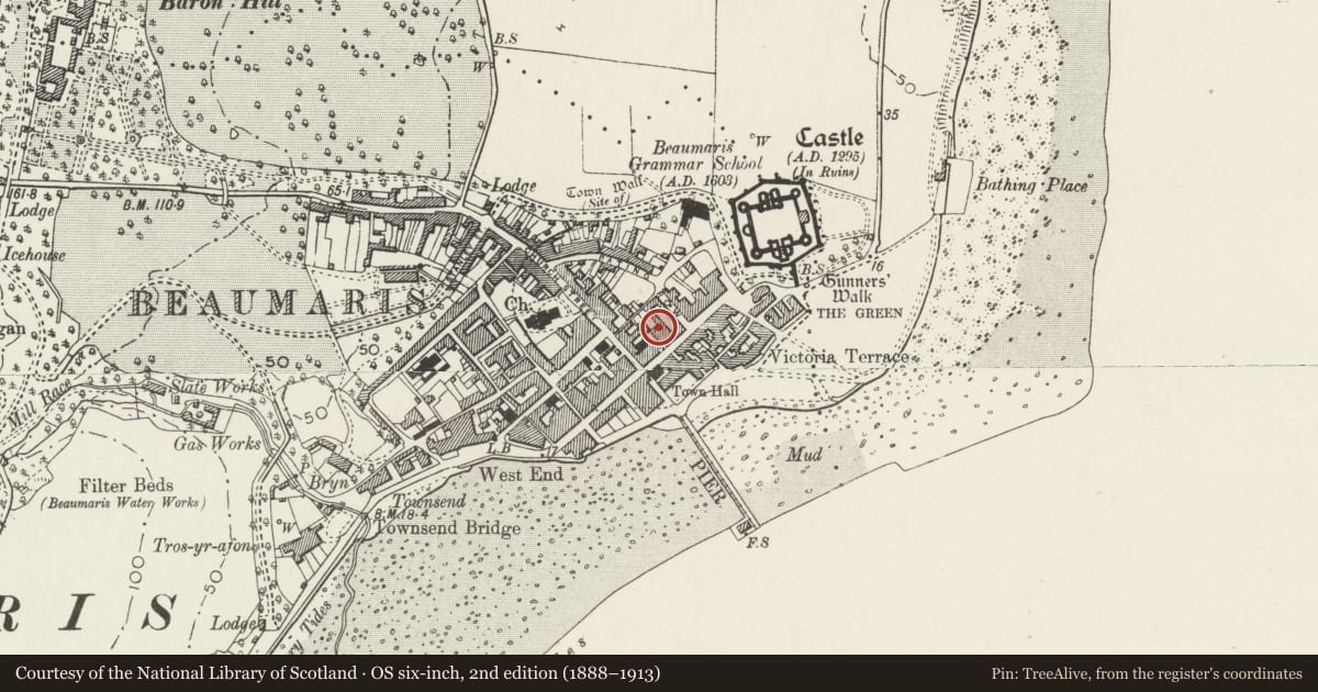 Ordnance Survey six-inch map, 2nd edition (1888–1913) covering the location of Hidden House, Beaumaris, Isle of Anglesey, with a pin at the register's coordinates