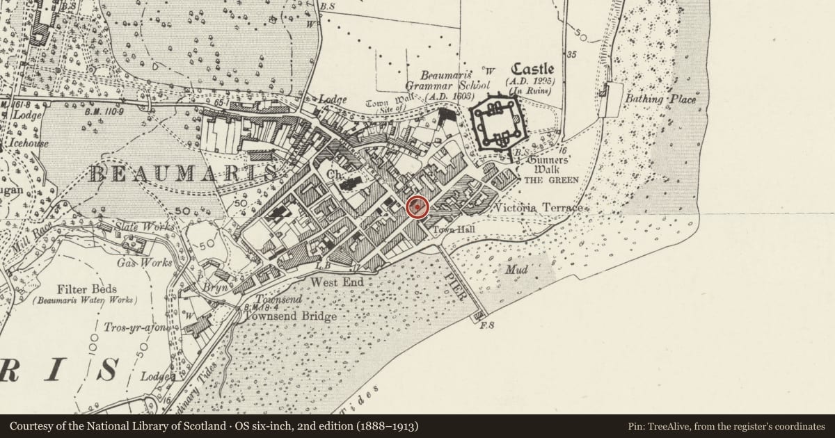 Ordnance Survey six-inch map, 2nd edition (1888–1913) covering the location of House and Beau's Tea Rooms, Beaumaris, Isle of Anglesey, with a pin at the register's coordinates