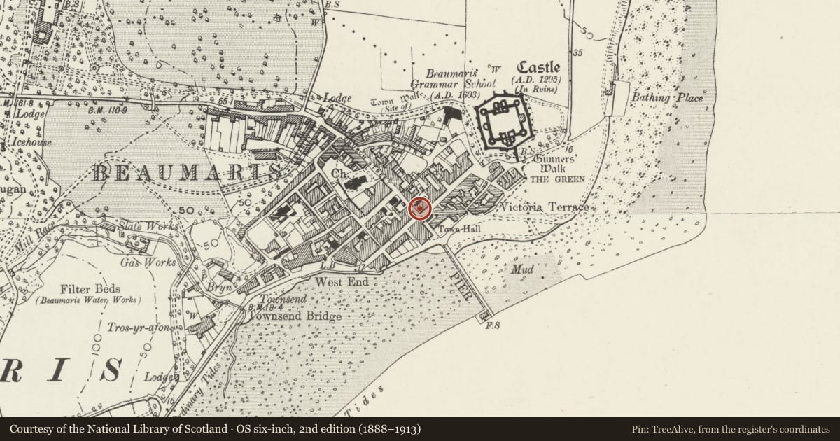 Ordnance Survey six-inch map, 2nd edition (1888–1913) covering the location of Tudor Rose, Beaumaris, Isle of Anglesey, with a pin at the register's coordinates