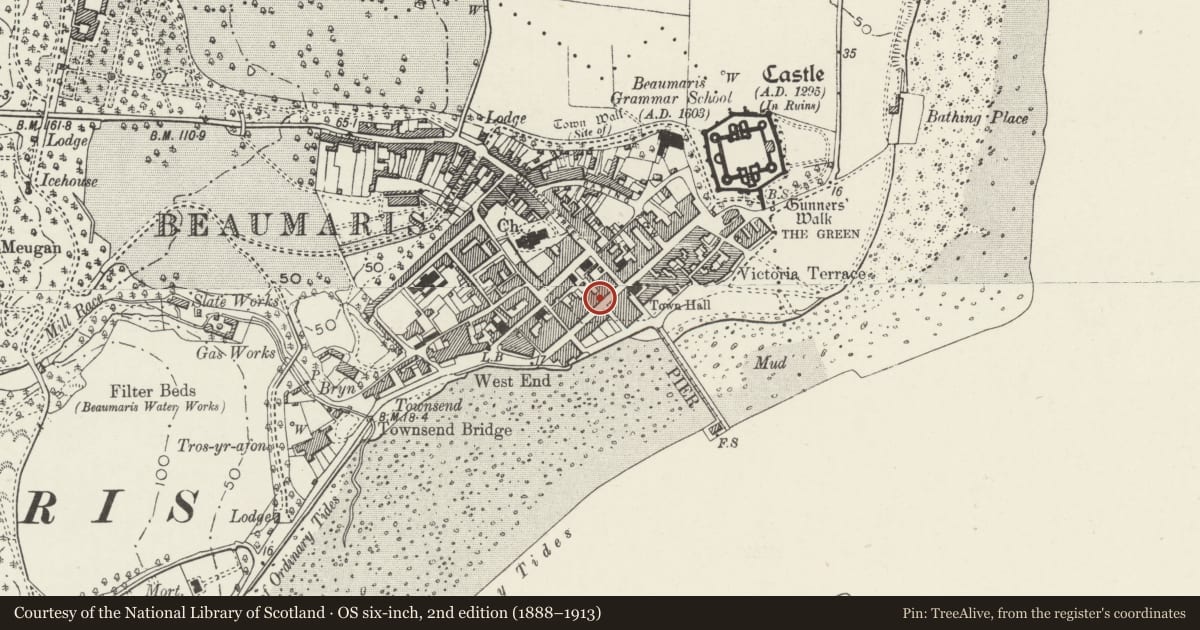 Ordnance Survey six-inch map, 2nd edition (1888–1913) covering the location of House and Numark Pharmacy, Beaumaris, Isle of Anglesey, with a pin at the register's coordinates
