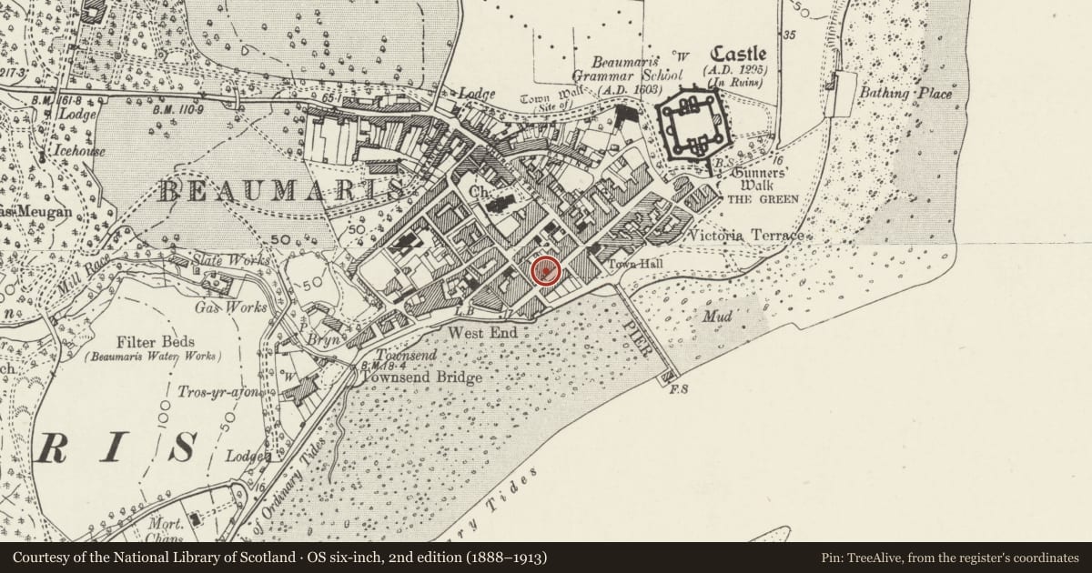 Ordnance Survey six-inch map, 2nd edition (1888–1913) covering the location of Shop, house and offices, Beaumaris, Isle of Anglesey, with a pin at the register's coordinates