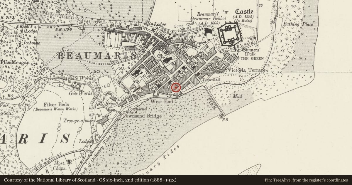 Ordnance Survey six-inch map, 2nd edition (1888–1913) covering the location of Bishopsgate Hotel & Restaurant, Beaumaris, Isle of Anglesey, with a pin at the register's coordinates