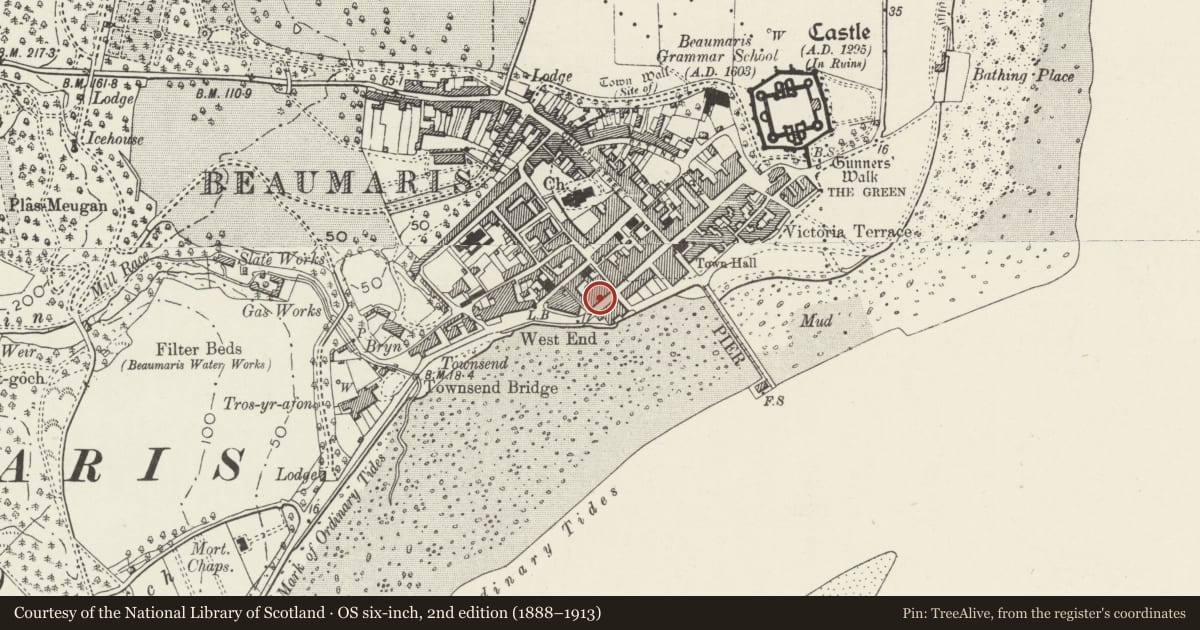 Ordnance Survey six-inch map, 2nd edition (1888–1913) covering the location of Liverpool Arms Hotel, Beaumaris, Isle of Anglesey, with a pin at the register's coordinates