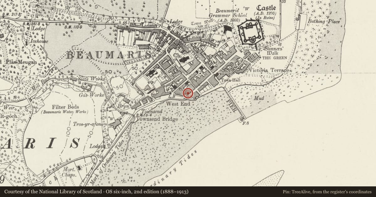 Ordnance Survey six-inch map, 2nd edition (1888–1913) covering the location of 60 Castle Street, Beaumaris, Isle of Anglesey, with a pin at the register's coordinates