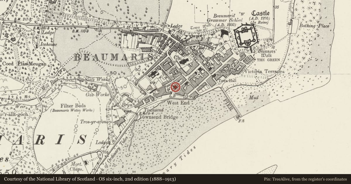 Ordnance Survey six-inch map, 2nd edition (1888–1913) covering the location of Capel Drindod, including attached Sunday School, Beaumaris, Isle of Anglesey, with a pin at the register's coordinates