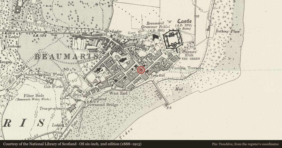 Ordnance Survey six-inch map, 2nd edition (1888–1913) covering the location of George and Dragon Hotel, Beaumaris, Isle of Anglesey, with a pin at the register's coordinates