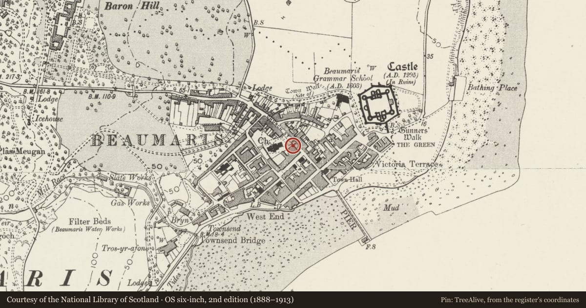 Ordnance Survey six-inch map, 2nd edition (1888–1913) covering the location of House and Priestman's Bookshop (also known as Regent House), Beaumaris, Isle of Anglesey, with a pin at the register's coordinates