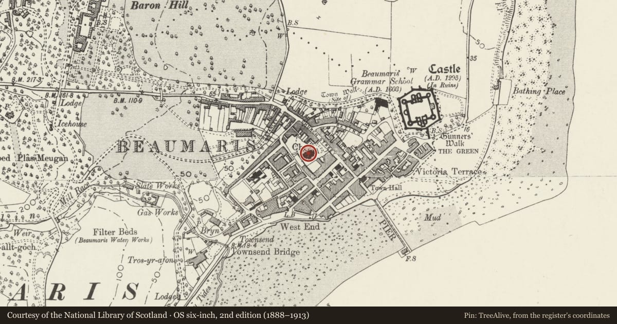 Ordnance Survey six-inch map, 2nd edition (1888–1913) covering the location of Church of SS Mary and Nicholas, Beaumaris, Isle of Anglesey, with a pin at the register's coordinates