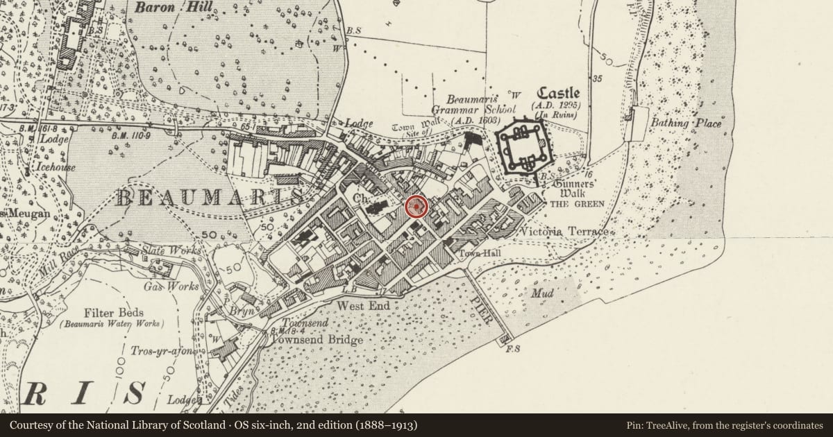 Ordnance Survey six-inch map, 2nd edition (1888–1913) covering the location of House and shop, Beaumaris, Isle of Anglesey, with a pin at the register's coordinates