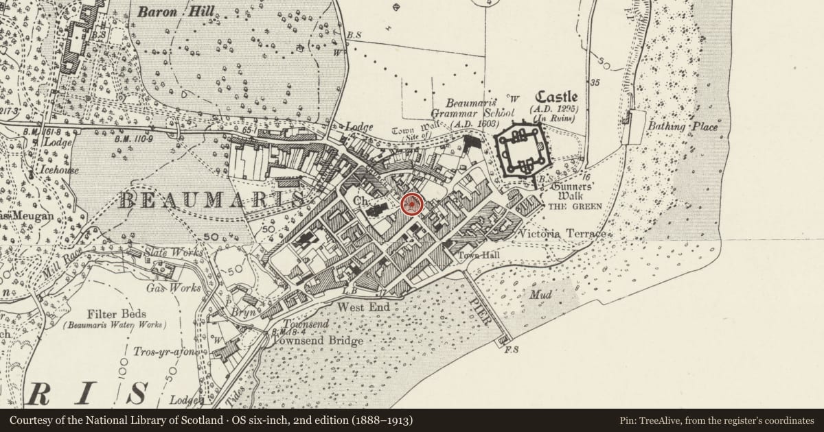 Ordnance Survey six-inch map, 2nd edition (1888–1913) covering the location of 16 Church Street, Beaumaris, Isle of Anglesey, with a pin at the register's coordinates